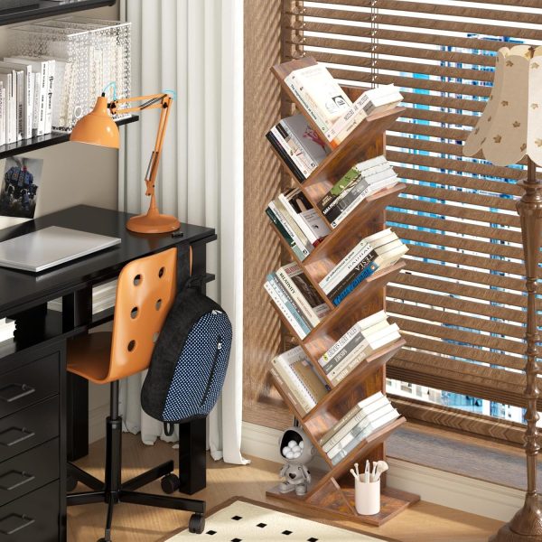 10 Tier Tree Book Shelf, Floor Standing Wood Bookshelf for Narrow Space, Storage Organizer Bookshelves for Books/CDs/Magazine, Bookcase with Shelves for Home Office, Living Room - Brown - Image 2