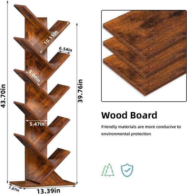 10 Tier Tree Book Shelf, Floor Standing Wood Bookshelf for Narrow Space, Storage Organizer Bookshelves for Books/CDs/Magazine, Bookcase with Shelves for Home Office, Living Room - Brown - Image 3
