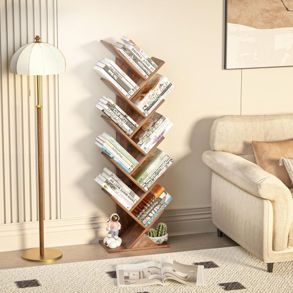 10 Tier Tree Book Shelf, Floor Standing Wood Bookshelf for Narrow Space, Storage Organizer Bookshelves for Books/CDs/Magazine, Bookcase with Shelves for Home Office, Living Room - Brown - Image 4
