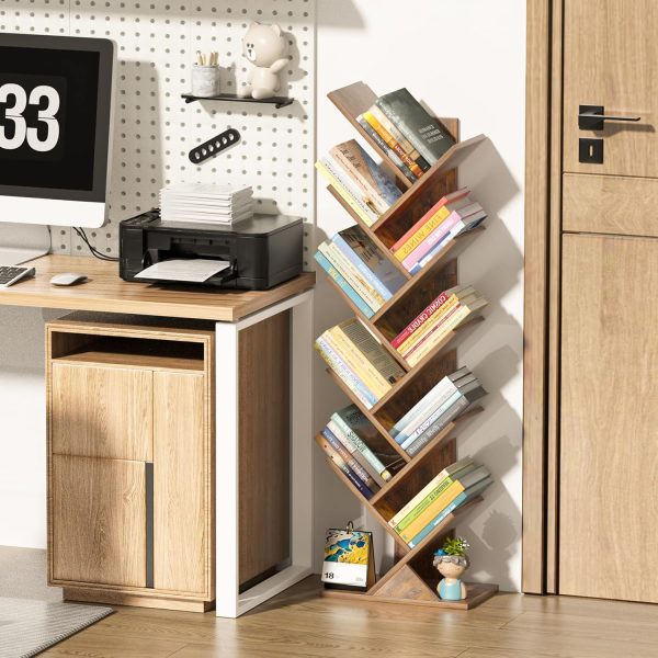 10 Tier Tree Book Shelf, Floor Standing Wood Bookshelf for Narrow Space, Storage Organizer Bookshelves for Books/CDs/Magazine, Bookcase with Shelves for Home Office, Living Room - Brown - Image 5
