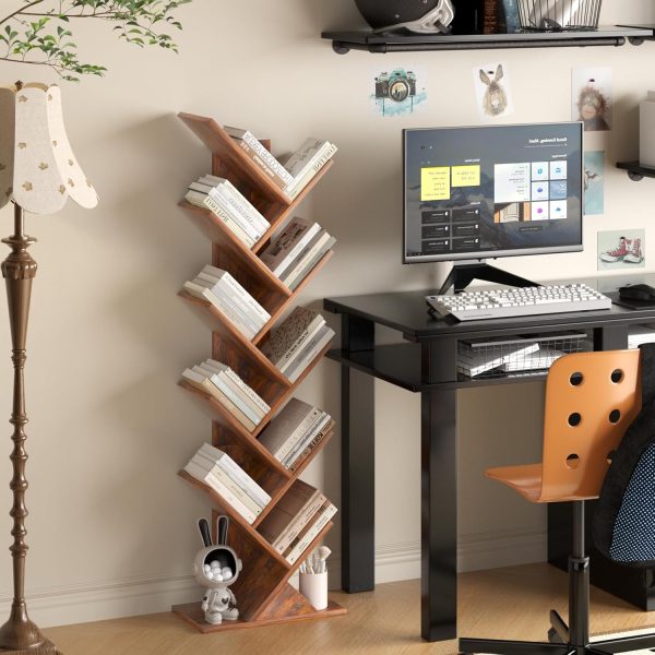 10 Tier Tree Book Shelf, Floor Standing Wood Bookshelf for Narrow Space, Storage Organizer Bookshelves for Books/CDs/Magazine, Bookcase with Shelves for Home Office, Living Room - Brown - Image 6