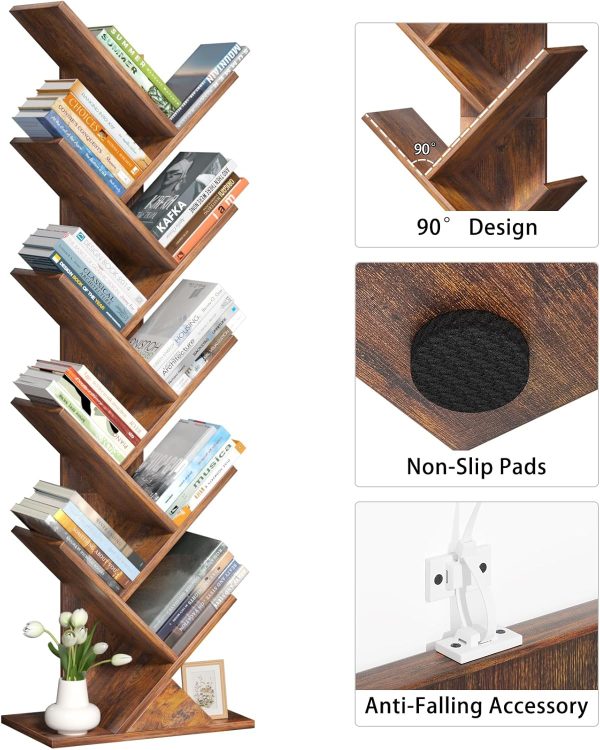 10 Tier Tree Book Shelf, Floor Standing Wood Bookshelf for Narrow Space, Storage Organizer Bookshelves for Books/CDs/Magazine, Bookcase with Shelves for Home Office, Living Room - Brown - Image 7