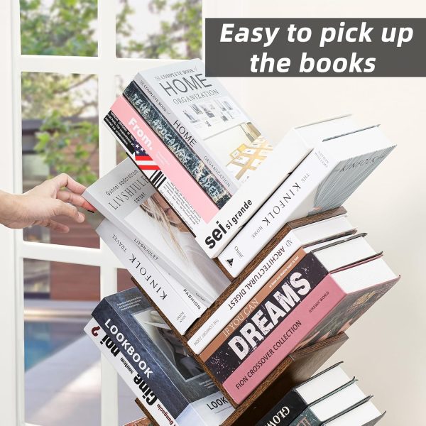 10 Tier Tree Book Shelf, Floor Standing Wood Bookshelf for Narrow Space, Storage Organizer Bookshelves for Books/CDs/Magazine, Bookcase with Shelves for Home Office, Living Room - Brown - Image 8