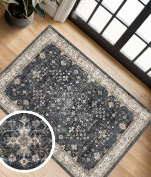 Black Washable Entry Rug, 2x3 Small Rugs for Entryway Kitchen Bathroom Door Mat Indoor Entrance, Non Slip Rubber Backing, Stain & Fade Resistant, Ashen Charcoal Floral Decor