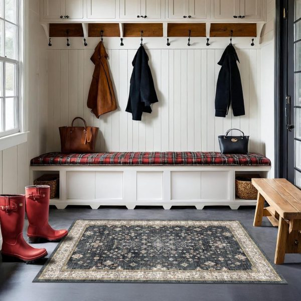 Black Washable Entry Rug, 2x3 Small Rugs for Entryway Kitchen Bathroom Door Mat Indoor Entrance, Non Slip Rubber Backing, Stain & Fade Resistant, Ashen Charcoal Floral Decor - Image 2