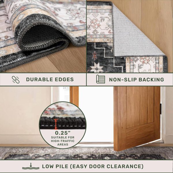 Black Washable Entry Rug, 2x3 Small Rugs for Entryway Kitchen Bathroom Door Mat Indoor Entrance, Non Slip Rubber Backing, Stain & Fade Resistant, Ashen Charcoal Floral Decor - Image 3