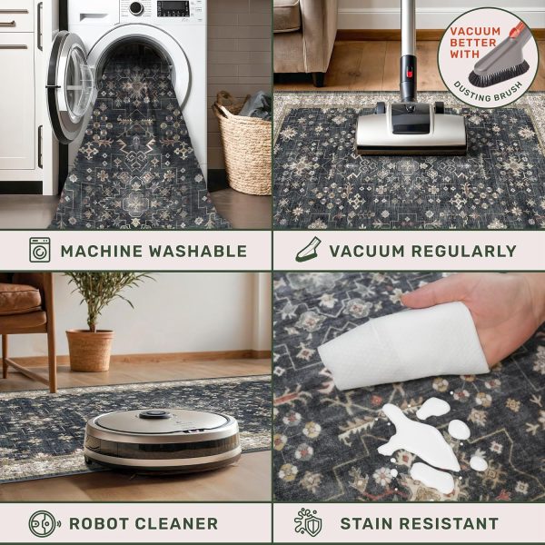 Black Washable Entry Rug, 2x3 Small Rugs for Entryway Kitchen Bathroom Door Mat Indoor Entrance, Non Slip Rubber Backing, Stain & Fade Resistant, Ashen Charcoal Floral Decor - Image 4