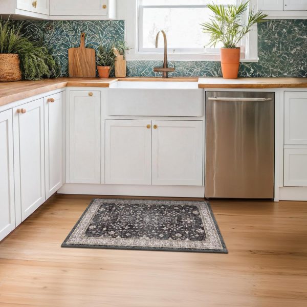 Black Washable Entry Rug, 2x3 Small Rugs for Entryway Kitchen Bathroom Door Mat Indoor Entrance, Non Slip Rubber Backing, Stain & Fade Resistant, Ashen Charcoal Floral Decor - Image 5