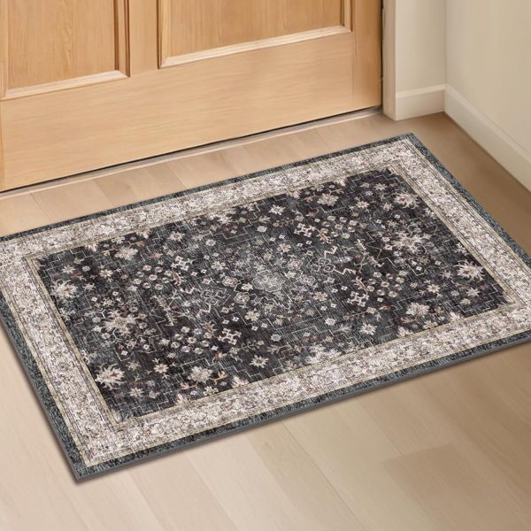 Black Washable Entry Rug, 2x3 Small Rugs for Entryway Kitchen Bathroom Door Mat Indoor Entrance, Non Slip Rubber Backing, Stain & Fade Resistant, Ashen Charcoal Floral Decor - Image 7