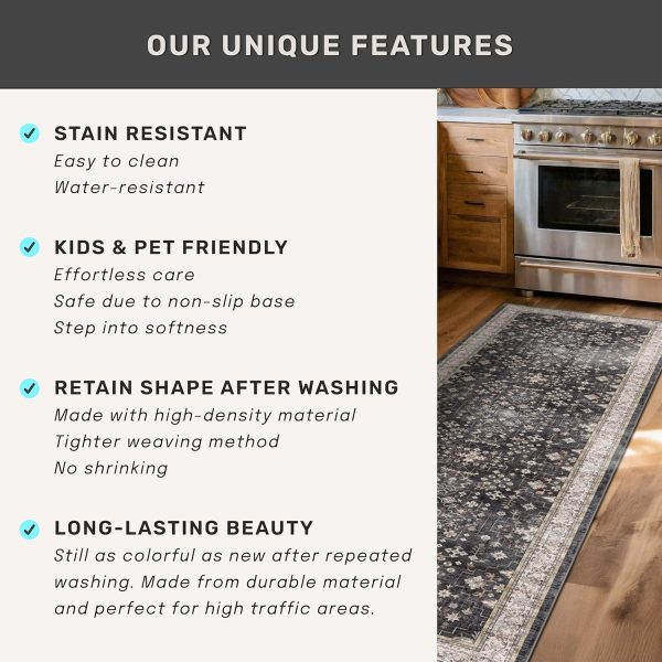 Black Washable Entry Rug, 2x3 Small Rugs for Entryway Kitchen Bathroom Door Mat Indoor Entrance, Non Slip Rubber Backing, Stain & Fade Resistant, Ashen Charcoal Floral Decor - Image 8