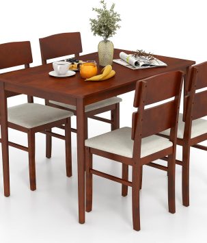 Giantex 5-Piece Dining Table Set for 4, Farmhouse Rectangular Dinette Table with 4 Upholstered Chairs, High Curved Back, Rubber Wood Legs, Space-Saving Kitchen Table Set for Dinner, Small Apartment