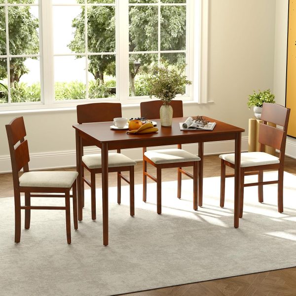Giantex 5-Piece Dining Table Set for 4, Farmhouse Rectangular Dinette Table with 4 Upholstered Chairs, High Curved Back, Rubber Wood Legs, Space-Saving Kitchen Table Set for Dinner, Small Apartment - Image 9