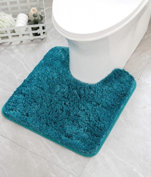 MIULEE Microfiber Toilet Bath Mat U-Shaped Contour Shaggy Bathroom Rugs Non Slip Extra Thick Soft Bath Rug Absorbent Water for Bathroom Commode Machine Washable(20x20 Inch, Teal)