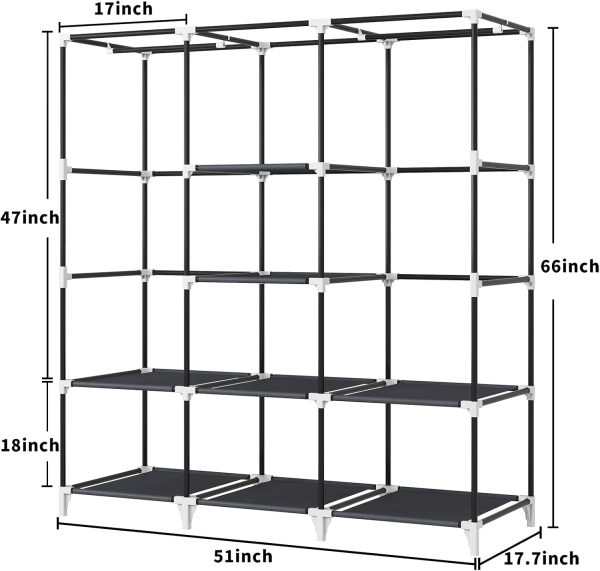 Portable Closet, 51 Inch Wardrobe Closet for Hanging Clothes with 2 Hanging Rods, 8 Storage Organizer Shelves for Bedroom, Durable and Easy to Assemble, Grey - Image 4