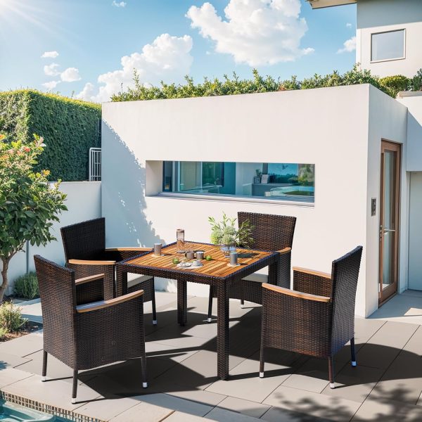 Shintenchi 5 Piece Patio Dining Set, Wicker Patio Conversation Set with Wood Table Top, Outdoor Table and Chairs with Soft Cushions for Backyard, Deck and Garden, Brown Rattan - Image 2