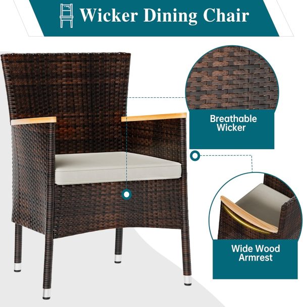 Shintenchi 5 Piece Patio Dining Set, Wicker Patio Conversation Set with Wood Table Top, Outdoor Table and Chairs with Soft Cushions for Backyard, Deck and Garden, Brown Rattan - Image 5