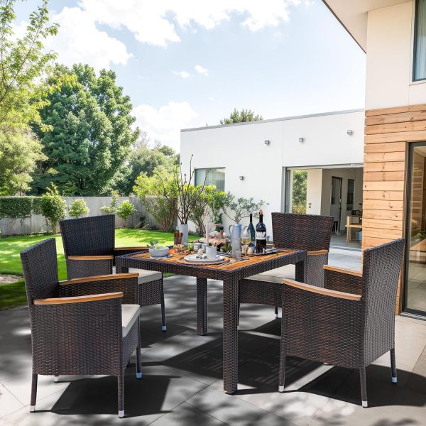 Shintenchi 5 Piece Patio Dining Set, Wicker Patio Conversation Set with Wood Table Top, Outdoor Table and Chairs with Soft Cushions for Backyard, Deck and Garden, Brown Rattan - Image 7