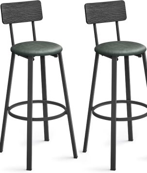 VASAGLE Bar Stools, Set of 2 PU Upholstered Breakfast Stools, 29.7-Inch Barstools with Back and Footrest, Simple Assembly, for Dining Room Kitchen Counter, Classic Black and Forest Green ULBC069C01