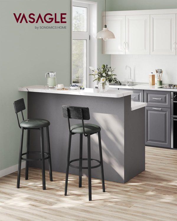 VASAGLE Bar Stools, Set of 2 PU Upholstered Breakfast Stools, 29.7-Inch Barstools with Back and Footrest, Simple Assembly, for Dining Room Kitchen Counter, Classic Black and Forest Green ULBC069C01 - Image 2