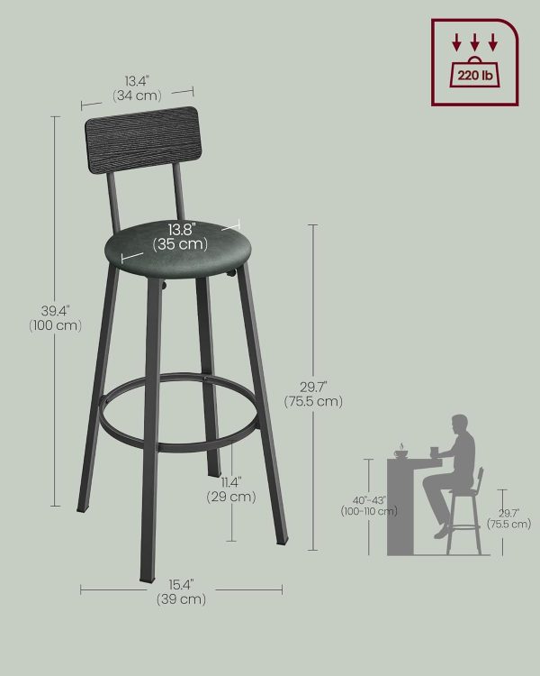 VASAGLE Bar Stools, Set of 2 PU Upholstered Breakfast Stools, 29.7-Inch Barstools with Back and Footrest, Simple Assembly, for Dining Room Kitchen Counter, Classic Black and Forest Green ULBC069C01 - Image 3