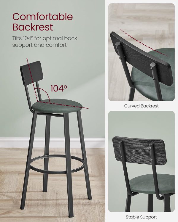 VASAGLE Bar Stools, Set of 2 PU Upholstered Breakfast Stools, 29.7-Inch Barstools with Back and Footrest, Simple Assembly, for Dining Room Kitchen Counter, Classic Black and Forest Green ULBC069C01 - Image 6