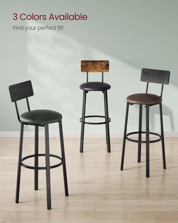 VASAGLE Bar Stools, Set of 2 PU Upholstered Breakfast Stools, 29.7-Inch Barstools with Back and Footrest, Simple Assembly, for Dining Room Kitchen Counter, Classic Black and Forest Green ULBC069C01 - Image 9